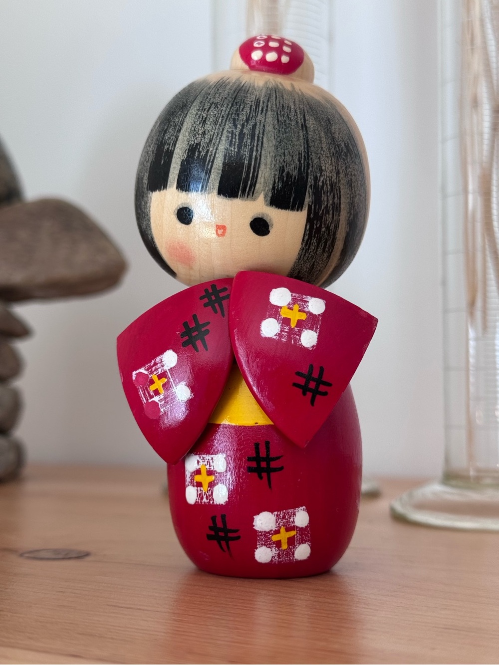Vintage Japanese Kokeshi Wooden Doll, Hand Carved and Painted